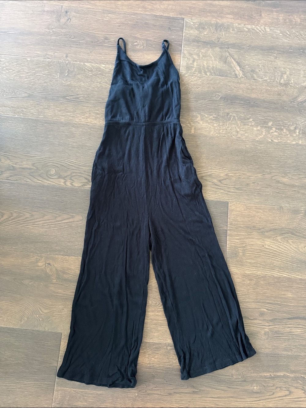 RVCA Black Ribbed Wide-Leg Spaghetti-Strap Jumpsuit